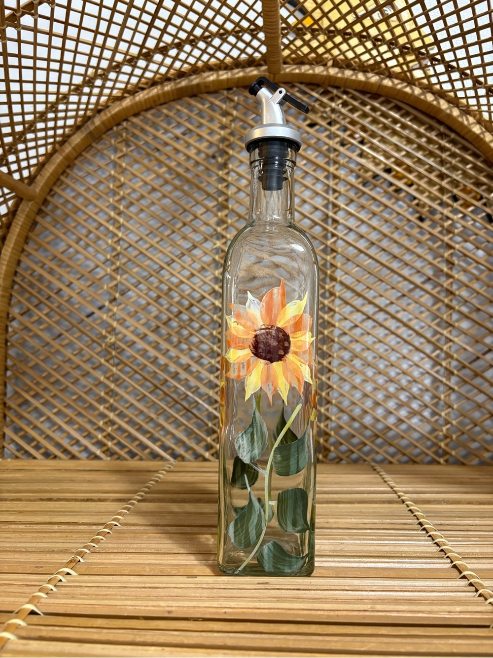 Hand-Painted Sunflower Oil Glass Bottle